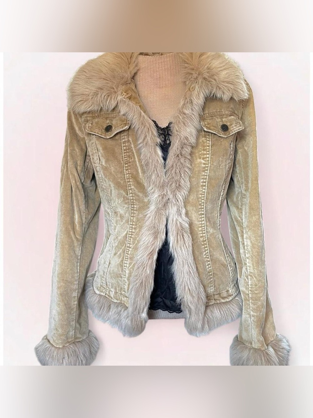 Women’s Faux-Fur Trim Beige Suede Jacket